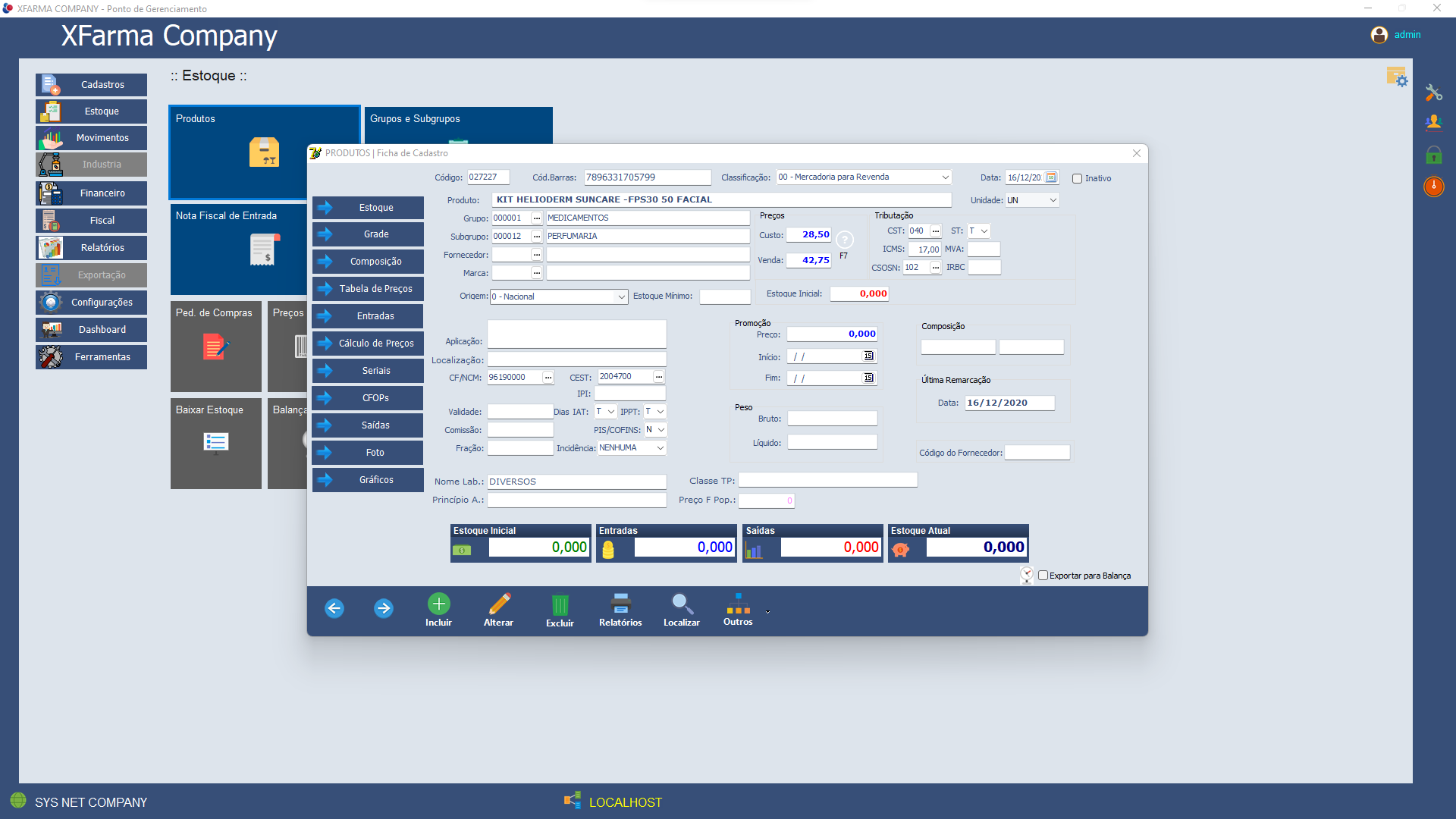 Tela sistema farmacêutico XFarma
